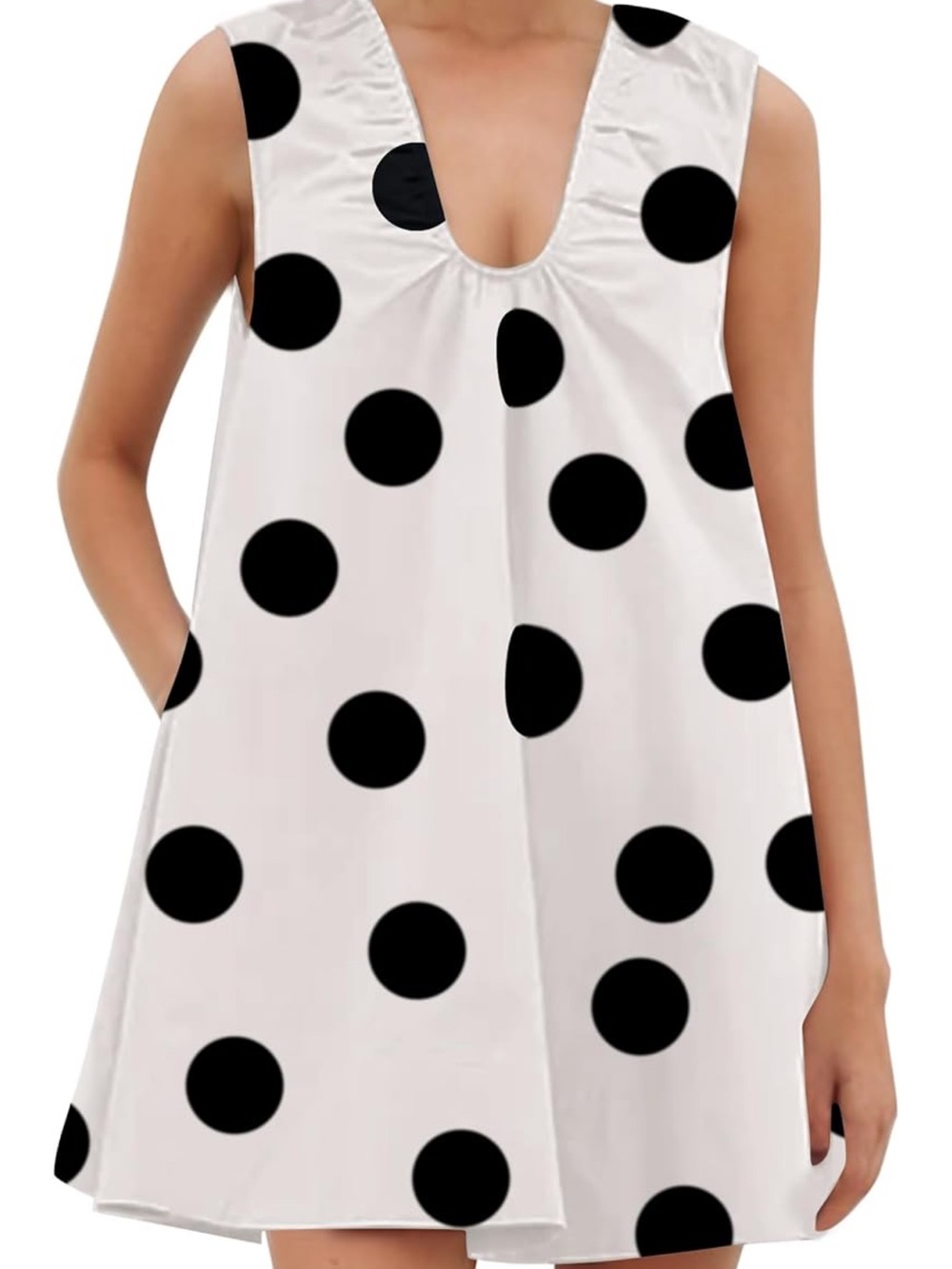 White Sleeveless Polka Dot Swing Dress with Black Dots